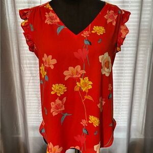 LOFT Red Floral Blouse with Ruffle Sleeves